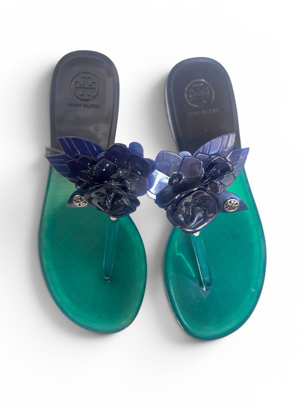 Tory Burch Blossom Jelly Blue Green Flip Flop Resort Coastal Flower Sandals 7